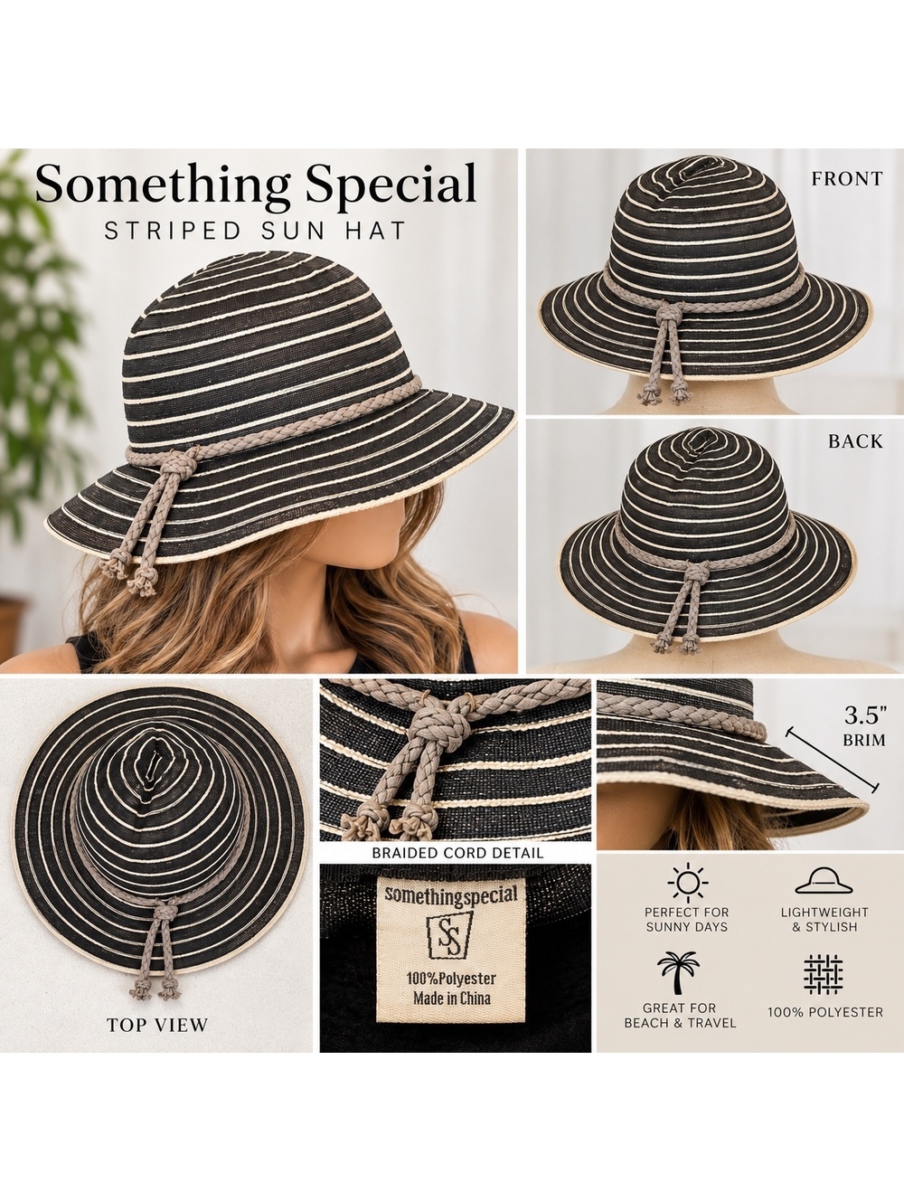 Something Special Striped Sun Hat with Braided Cord Detail